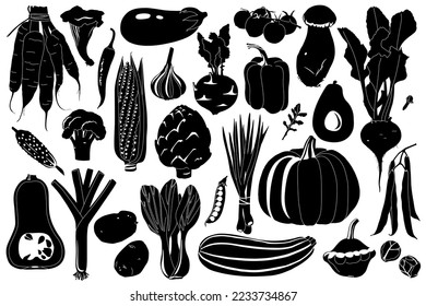 Big monochrome set of vegetables in linocut style