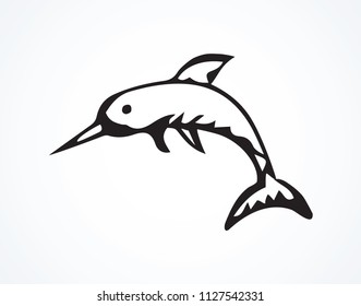 Big Monodon monoceros on white backdrop. Freehand outline black ink hand drawn sealife emblem pictogram sketchy in art retro scribble etch print style pen on paper. Closeup view with space for text