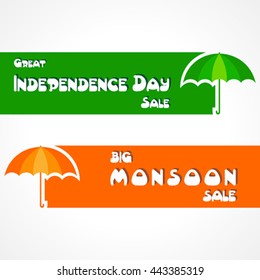 Big Monsoon and Independence Day sale banner for different discounts stock vector