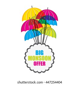 Big monsoon offer banner design with colorful umbrella vector