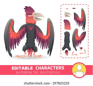 Big monster bird with huge beak and wings. Evil character. Suitable for animation, video and games. You can change color, position of body parts, dress and size. Vector illustration