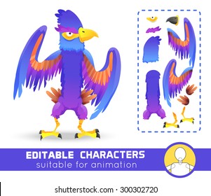 Big monster bird with huge beak and wings. Evil character. Suitable for animation, video and games. You can change color, position of body parts, dress and size. Vector illustration