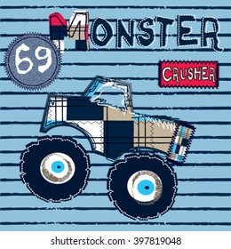 big monster car on striped background, T-shirt design for kids vector illustration