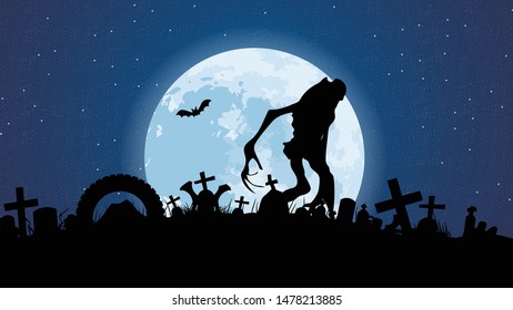 Big monster on the background of the full moon. Halloween at the Cemetery. Night vector graphic.