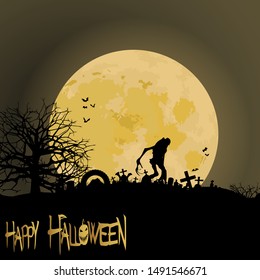 Big monster on the background of the full moon. Halloween at the Cemetery. Night vector graphic.