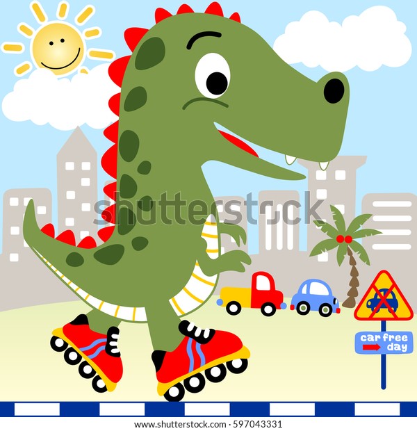 big monster\
playing roller skate in a main city, kids t shirt design,\
wallpaper, vector cartoon\
illustration