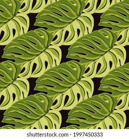 Las grandes siluetas de hojas de monstera son un patrón de doodle sin fisuras de estilo dibujado a mano. Fondo oscuro. Estilo sencillo. Ilustración vectorial para impresiones textiles estacionales, tela, carteles, telas de fondo y papel pintado.