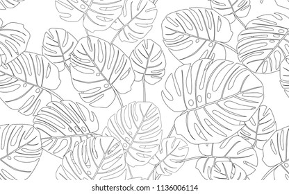 Big monstera leaves and exotic flowers composition. Vector illustration. Botanical seamless wallpaper. Digital nature art. Cartoon style sketch. White background.