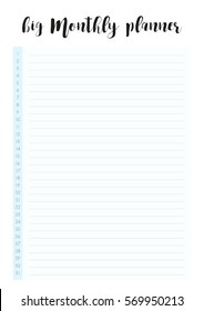 Big Monthly Planner simple and elegant template. Blank Monthly Planner vector template.  Minimal organizer design.