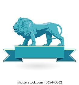 Big monumental profile of blue lion with label, imposing lord of animals, symbol of kingdom, beauty ocher leo, flatten isolated illustration master vector. Nice composition for symbol, sign and mark.