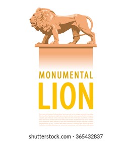 Big monumental profile lion with typography, imposing lord of animals, symbol of kingdom, beauty ocher leo - flatten isolated illustration master vector. Nice composition for catalog page.