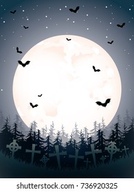 Big moon above cemetery. Spooky bats at the sky. Dark forest and stars