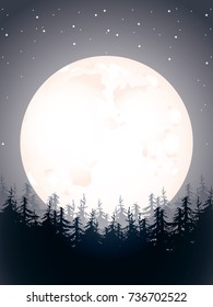 Big moon above dark forest.Starry sky at the night