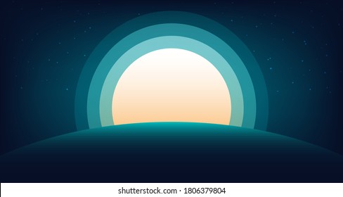 Big moon In the clear night sky That is obscured by the mountain landscape. Vector illustration