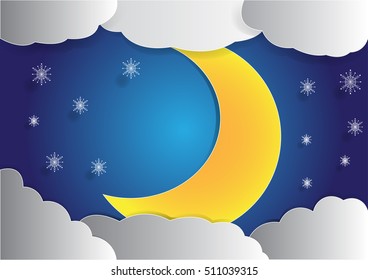 big moon and cloud background in the night sky, christmas background, vector, copy space for text, illustration, paper art and origami style