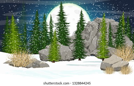 Big moon with craters in the night sky. Spruce forest, stones and mountains, dry grass. Valley covered with snow. Realistic winter vector landscape