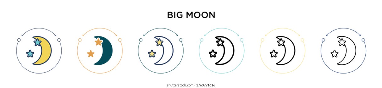 Big moon icon in filled, thin line, outline and stroke style. Vector illustration of two colored and black big moon vector icons designs can be used for mobile, ui, web