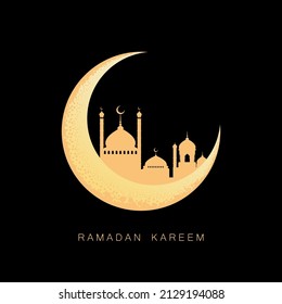Big moon and mosque on a black background for Ramadan Kareem. 