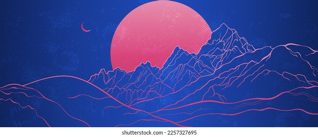 Big Moon and Mountains in cosmic ,a layout for the background.Futuristic landscape in the colors of magenta lines and blue.Retrowave style is suitable for print on the wall,invitation.