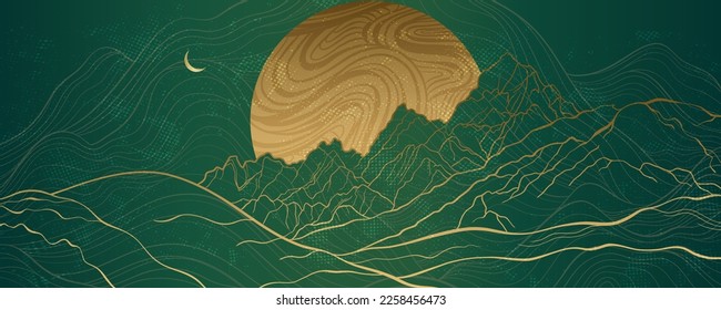 Big Moon and Mountains in cosmic,a linear layout for the background.Futuristic landscape in the colors of gold lines and green.Luxory art is suitable for print on the wall,invitation.Vector design.