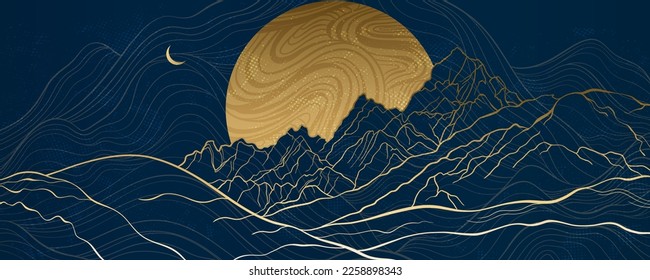 Big Moon and Mountains in cosmic,a linear vector layout for the background.Futuristic landscape in the colors of gold lines and blue.Luxory art is suitable for print on the wall, invitation,mural.