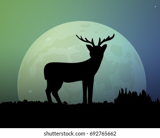 Big moon in the night. Deer silhouette vector illustration. Beautiful sky with a glow of green and blue.