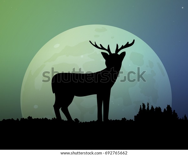 Big moon in the night.\
Deer silhouette vector illustration. Beautiful sky with a glow of\
green and blue.