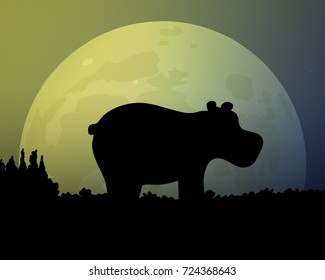 Big moon in the night. Silhouette black hippo vector illustration. Beautiful sky, green and yellow.
