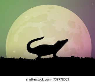 Big moon in the night. Silhouette of a crocodile vector illustration. Beautiful sky c glow green and pink.