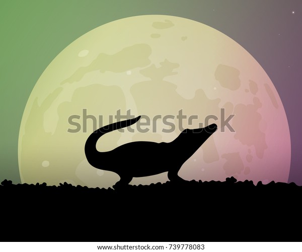 Big moon in the\
night. Silhouette of a crocodile vector illustration. Beautiful sky\
c glow green and pink.