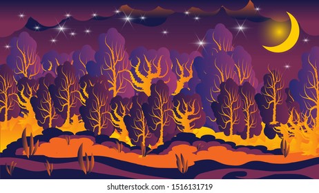 Big moon in the night starry sky among the clouds over a fabulous forest and field. Abstract night forest landscape. vector