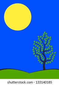 Big moon over green hills with tree at spring night. Nature landscape