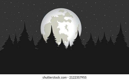 big moon in the starry sky illuminates the night forest 