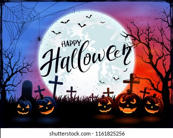 Big Moon with text Happy Halloween on dark night background. Pumpkins with spiders and bats on the cemetery, illustration.