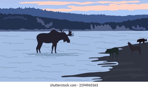 The big moose in the water near lake coast , dogs on the coast, black silhouettes. Vector illustration.