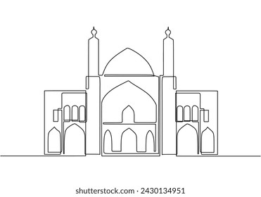 Big mosque in continuous one line art drawing. Religion building vector illustration editable stroke.