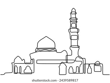 Big mosque in continuous one line art drawing. Religion building vector illustration editable stroke.