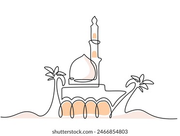 Big mosque on the desert with tree in one single continuous line drawing style isolated on white background. Ramadan kareem concept vector illustration.