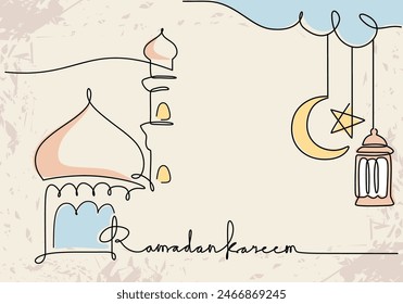 Big mosque with ramadan kareem handwriting and hanging crescent moon and star in one single continuous line style. Ramadan kareem concept vector.