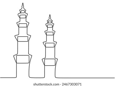 Big mosque tower in one continuous single line art drawing style isolated on white background. Ramadan kareem concept vector illustration.