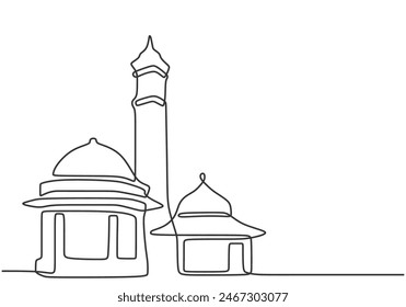 Big mosque tower in one continuous single line art drawing style isolated on white background. Ramadan kareem concept vector illustration.