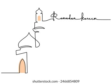 Big mosque tower with ramadan kareem handwritten inscription. One line drawing of phrase hand writing calligraphy card lettering isolated on white background.