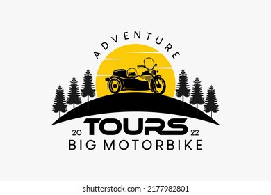 Big motorbike logo design sidecar for travel or adventure, big motorbike silhouette combined with fir and sun