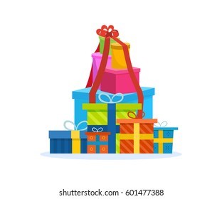 Big mountain of bright, colorful wrapped gift boxes. Vector illustration of presents isolated on white background.