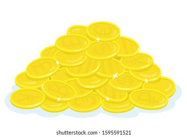 Big mountain of gold coins. In cartoon style. Isolated on white background. Vector illustration.