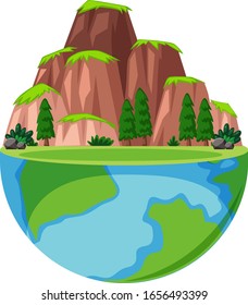 Gran montaña y muchos árboles en la ilustración terrestre
