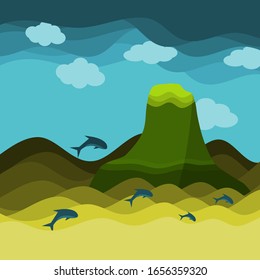 Gran montaña en el océano con delfín y cielo con fondo de nube, textura marina ilustración vectorial y espacio de copia.