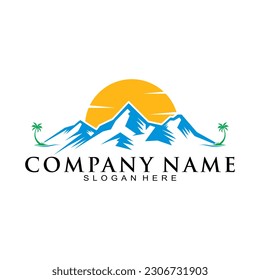 Big mountain with palm tree and sun vector logo