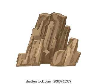 Big mountain rock formation. Igneous basalt stone group of irregular shape. Ancient geological solid rough rocky composition. Realistic hand-drawn vector illustration isolated on white background