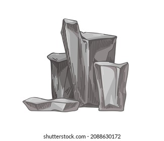 Big mountain rock formation. Stone group. Solid rough boulders. Ancient rocky composition. Realistic detailed hand-drawn vector illustration of rubbles isolated on white background